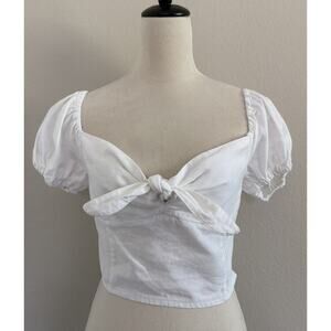 Love Tree White Crop Top Womens Lg White Linen Blend Smocked Back Peasant Boho